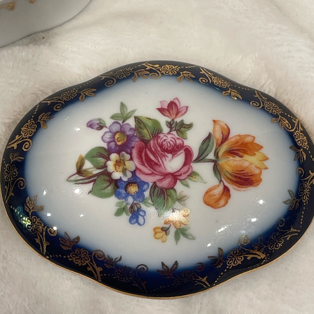 Vintage Floral Porcelain Trinket Dish Cobalt Blue.